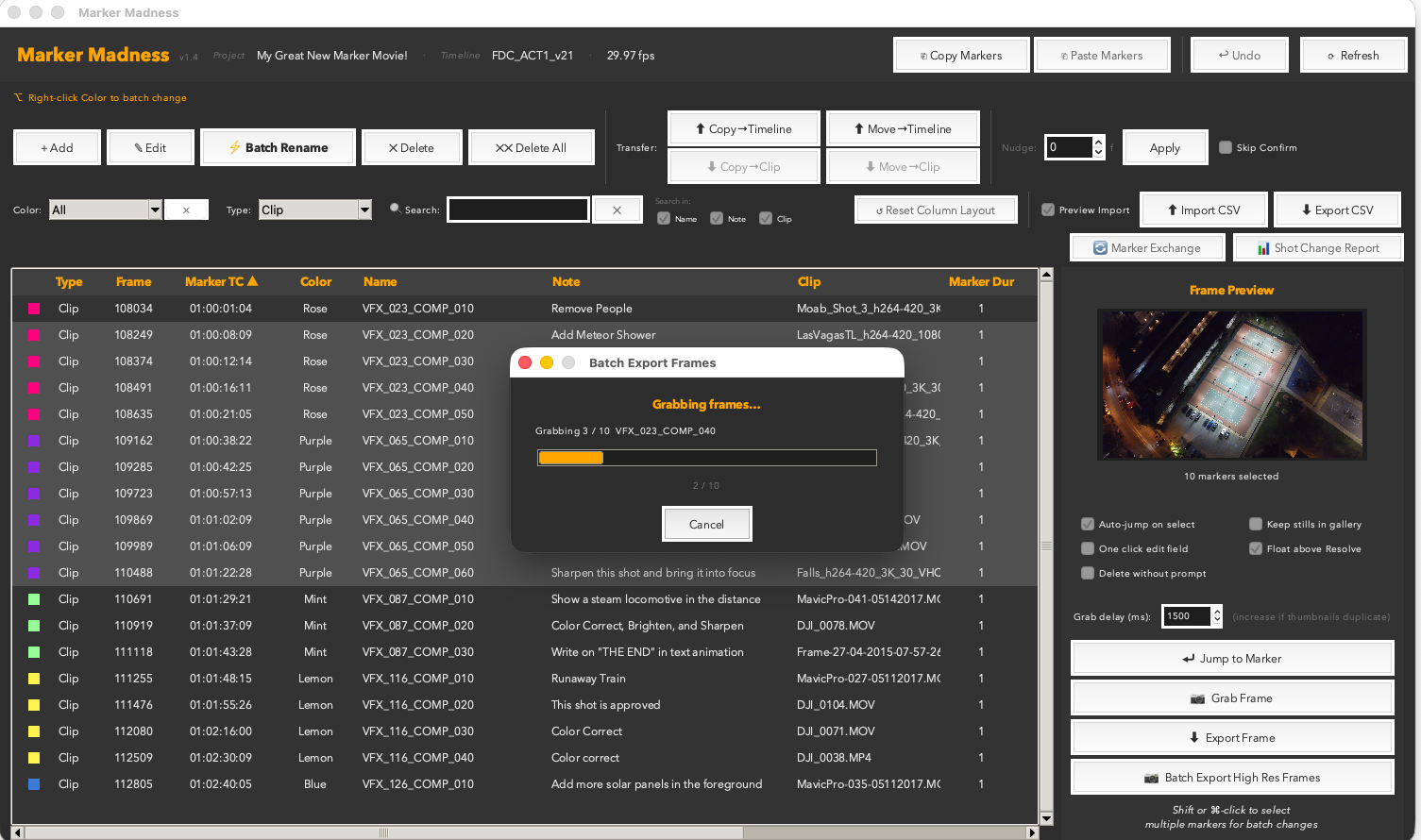 Batch Export Frames progress dialog