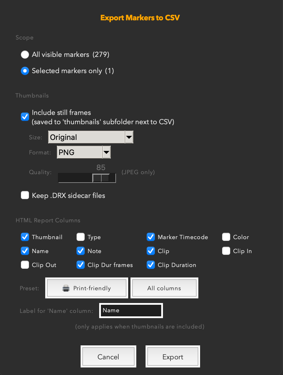 Export Markers to CSV dialog