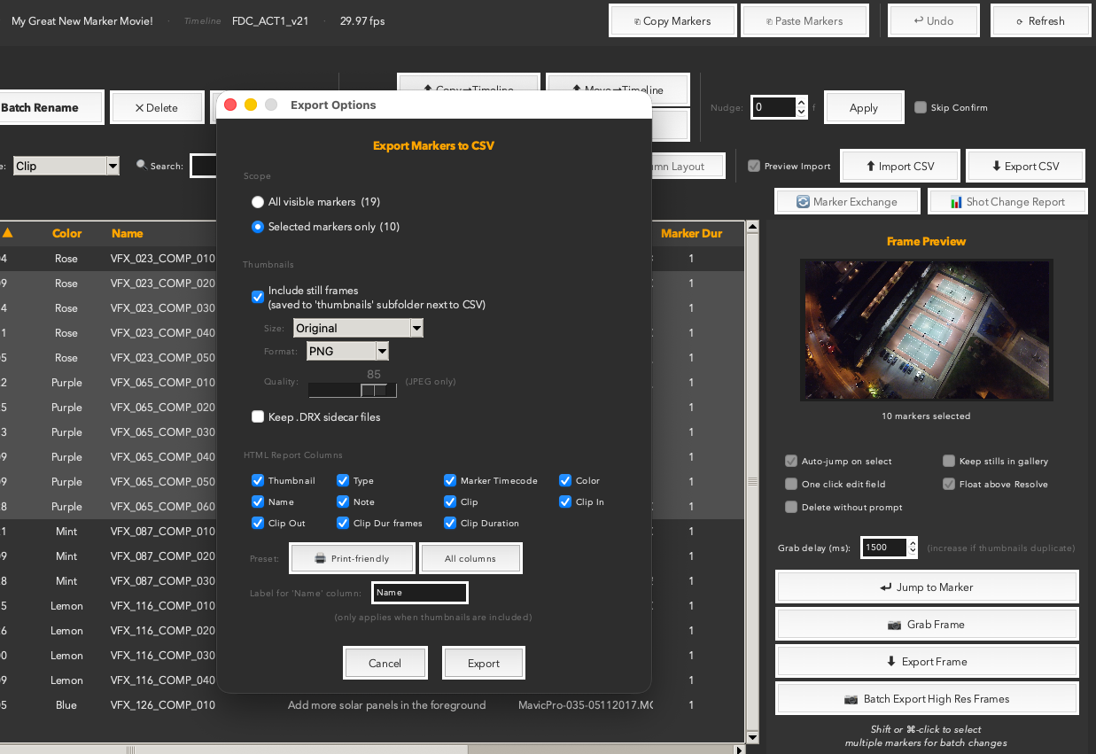 Export dialog open over a populated Marker Madness session with frame thumbnails visible