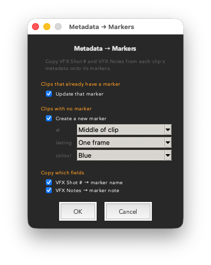 Metadata to Markers dialog showing update, create, and field options