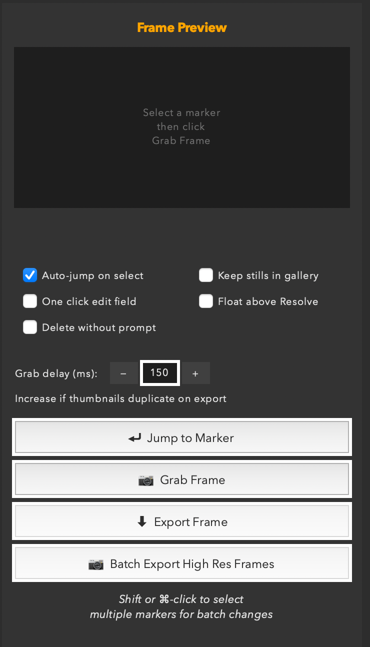 Right panel with frame preview, settings, and action buttons