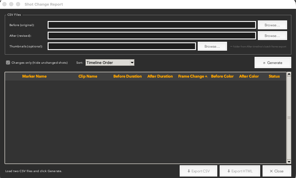 Shot Change Report dialog
