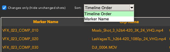 Sort dropdown open showing Timeline Order and Marker Name options