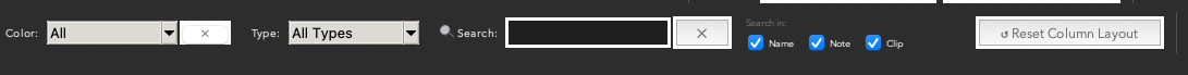 Color filter, Type filter, Search box, and column reset