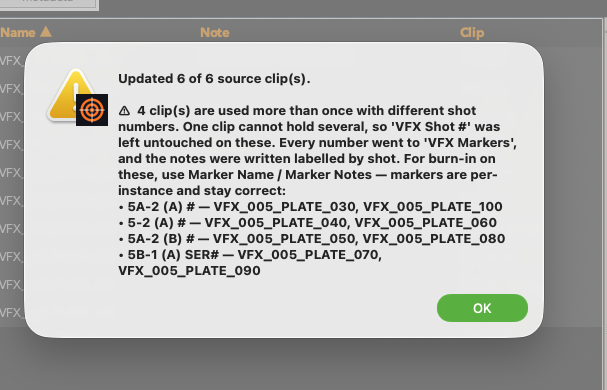 Collision report naming four source clips used more than once with different shot numbers
