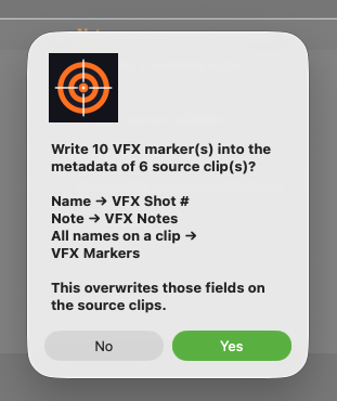 Confirmation dialog showing how marker fields map to clip metadata