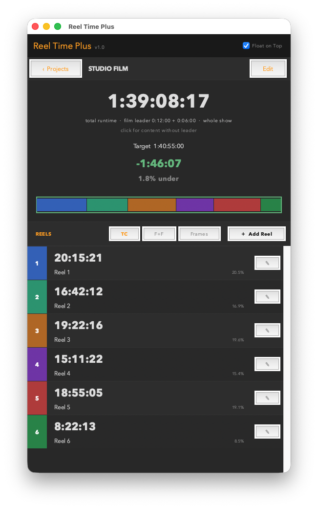 Reel Time Plus — main window with acts, goal time, and over/under
