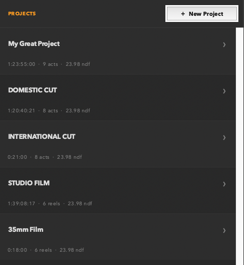 Projects list screen