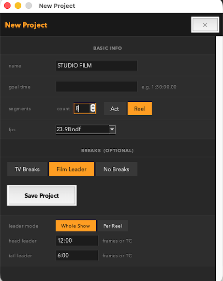 New Project dialog