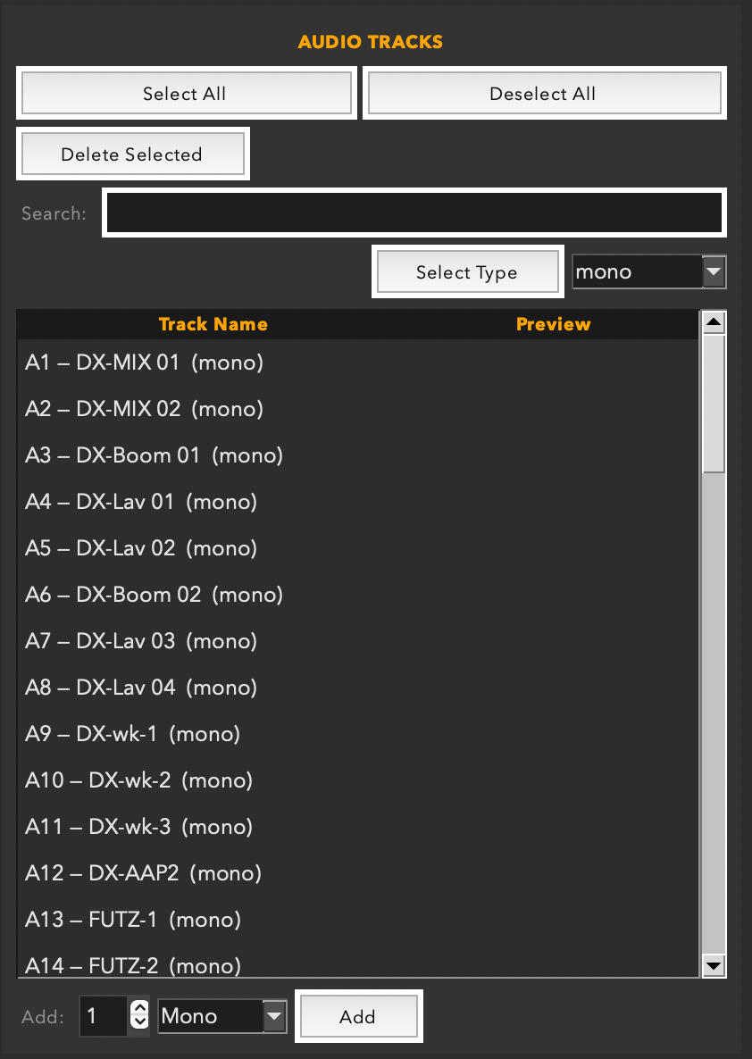 Audio tracks panel showing named professional tracks