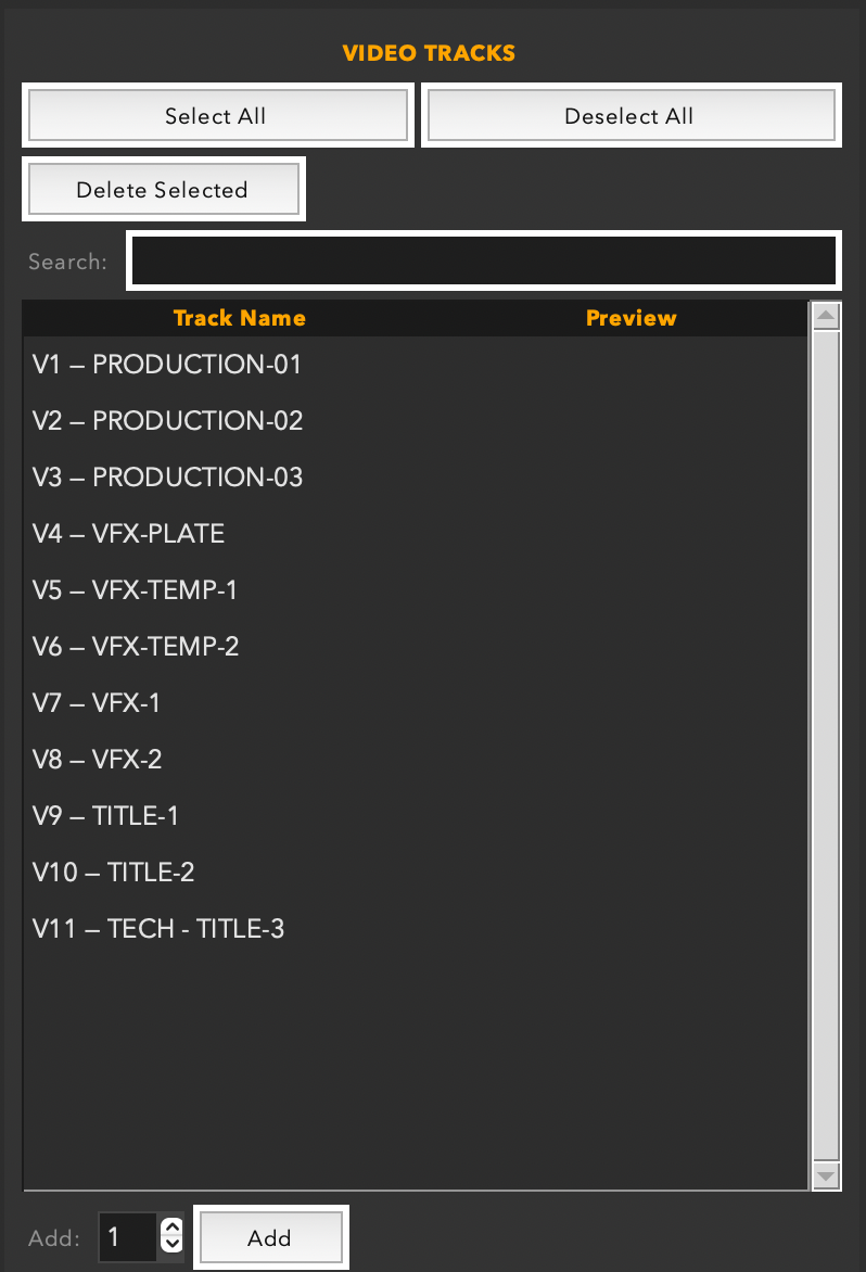 Video tracks panel showing named production tracks